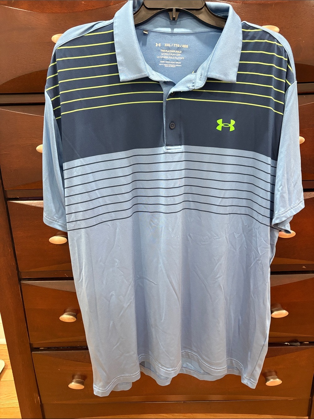 Under Armour Men’s Sky Blue & Navy Striped Performance Polo with Lime Logo